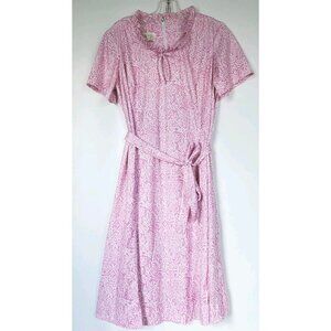 Vtg British Lady Pink White Floral Ruffle Tie Neck Midi Dress 1960s 70s Sz L/XL